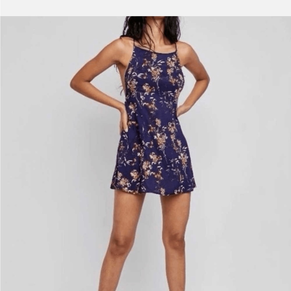 Free People Backless Floral Dress in Navy and Orange